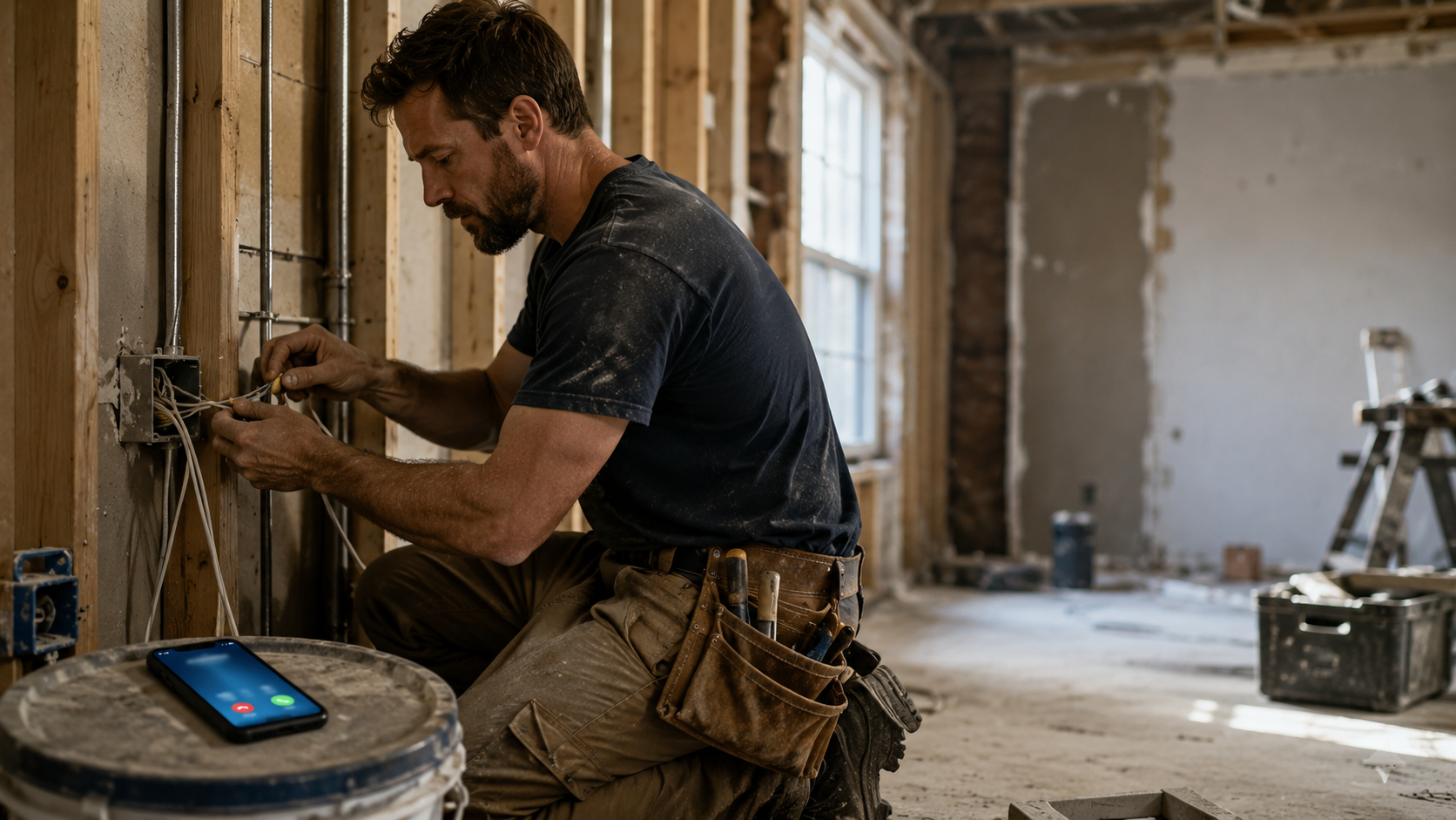 A tradesman with both hands on a job while his phone rings unanswered beside him.