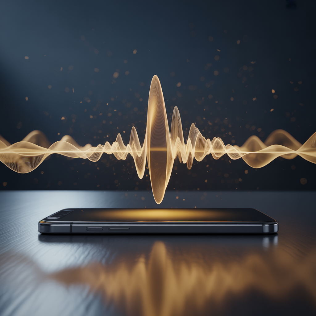 A phone on a jobsite ringing while a gold voice waveform answers it.